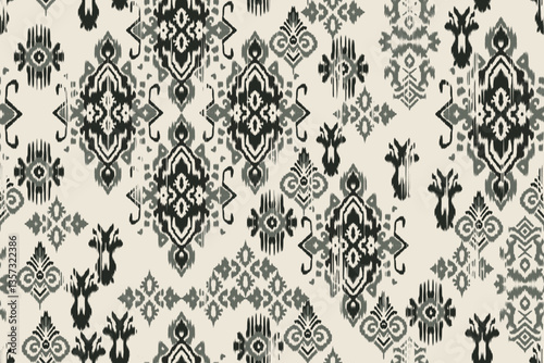 A seamless ikat pattern inspired by tribal and folk embroidery. Featuring Mexican Aztec geometric shapes. Perfect for graphic art, rug design, wallpaper, gift wrapping and clothing.