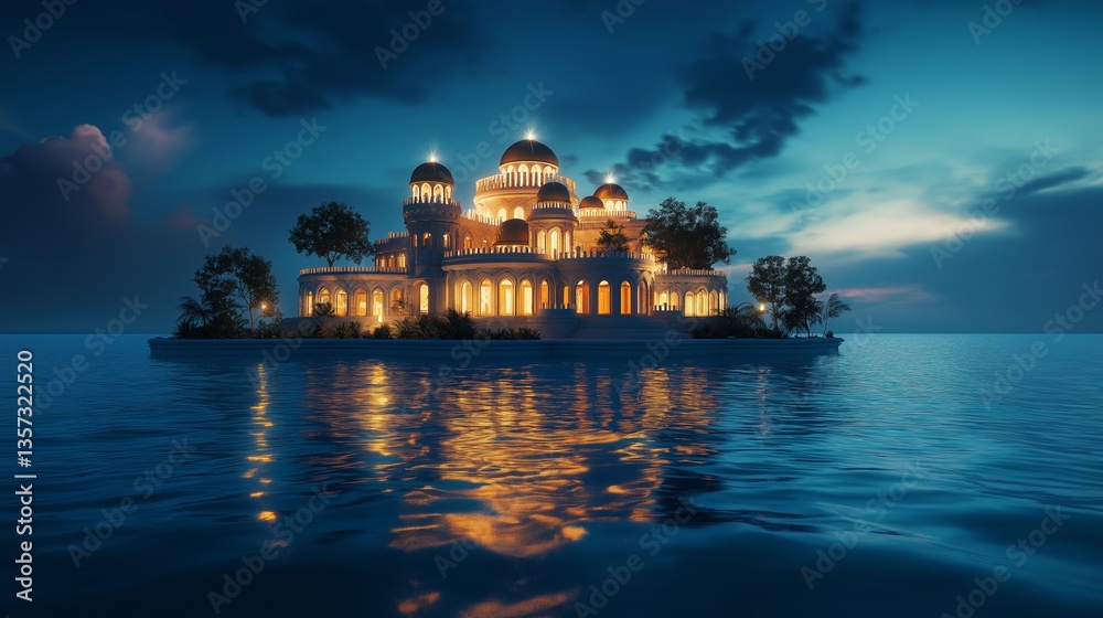 Fototapeta premium Mysterious illuminated castle reflects in waters near a rocky shore at dusk in a serene landscape