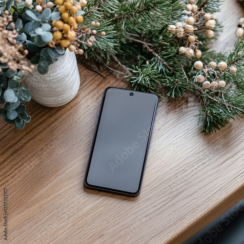 Smartphone on wooden table, festive decor, winter scene, holiday background, website mockup