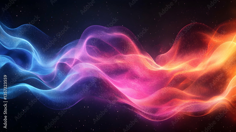 Digital abstract flowing waveforms in vibrant neon hues, seamlessly curving against a black background, representing technology and modern design Digital abstract flowing waveforms in vibrant neon hues, seamlessly curving against a black background, representing technology and modern design