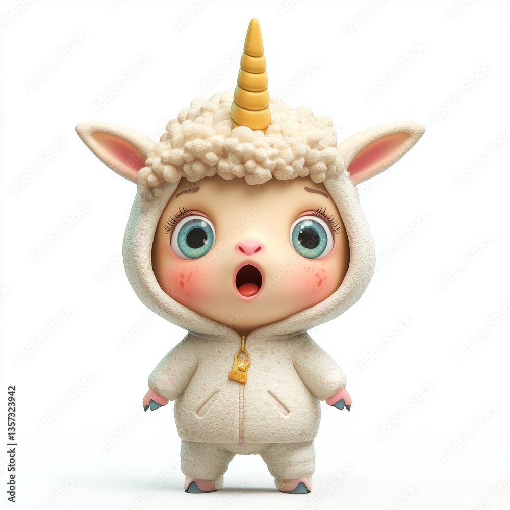 Fototapeta premium Cute Surprised Creature in Unicorn Costume with Big Eyes Expressing Joyful Emotion