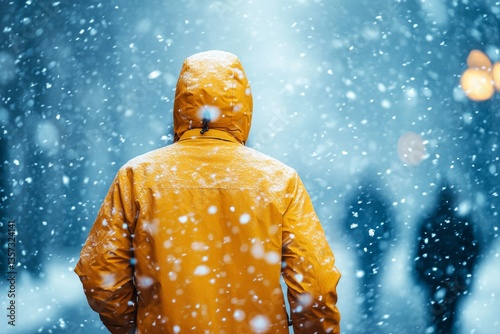 Person walking with bright yellow jacket against swirling snow squall backdrop