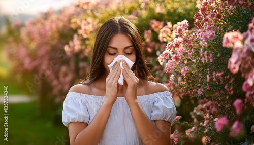 Young woman blowing her nose in a flower garden. Allergy concept. Generated image