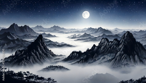 Mysterious Moonlit Mountains in a Sea of Mist

