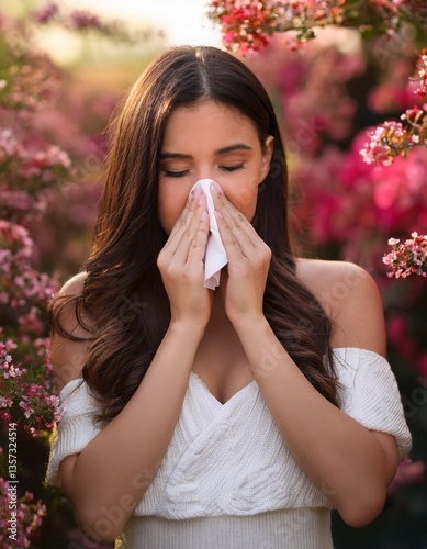 Young woman blowing her nose in a flower garden. Allergy concept. Generated image