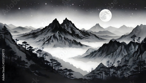 Serene Misty Mountains Under a Starry Night

