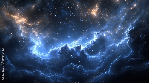 Ethereal cosmic vista of celestial clouds and stardust in deep space with vibrant blue and gold hues creating a mesmerizing celestial background