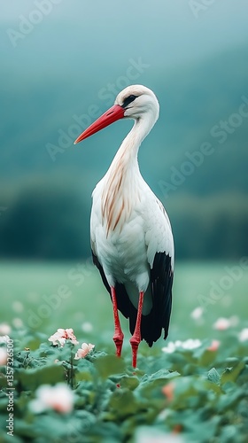 Stork in Meadow, Misty Mountains