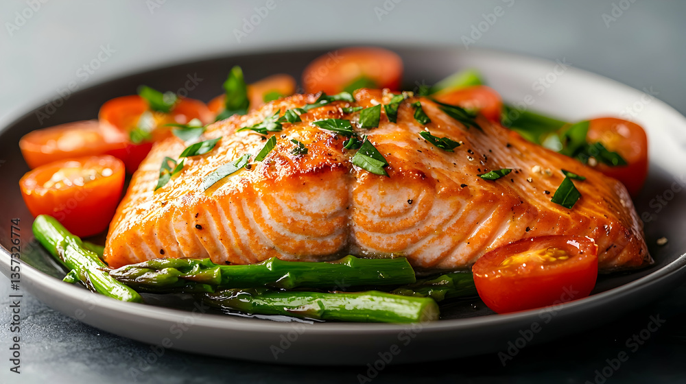 Baked Salmon with Asparagus and Tomatoes on a Grey Plate Baked Salmon with Asparagus and Tomatoes on a Grey Plate