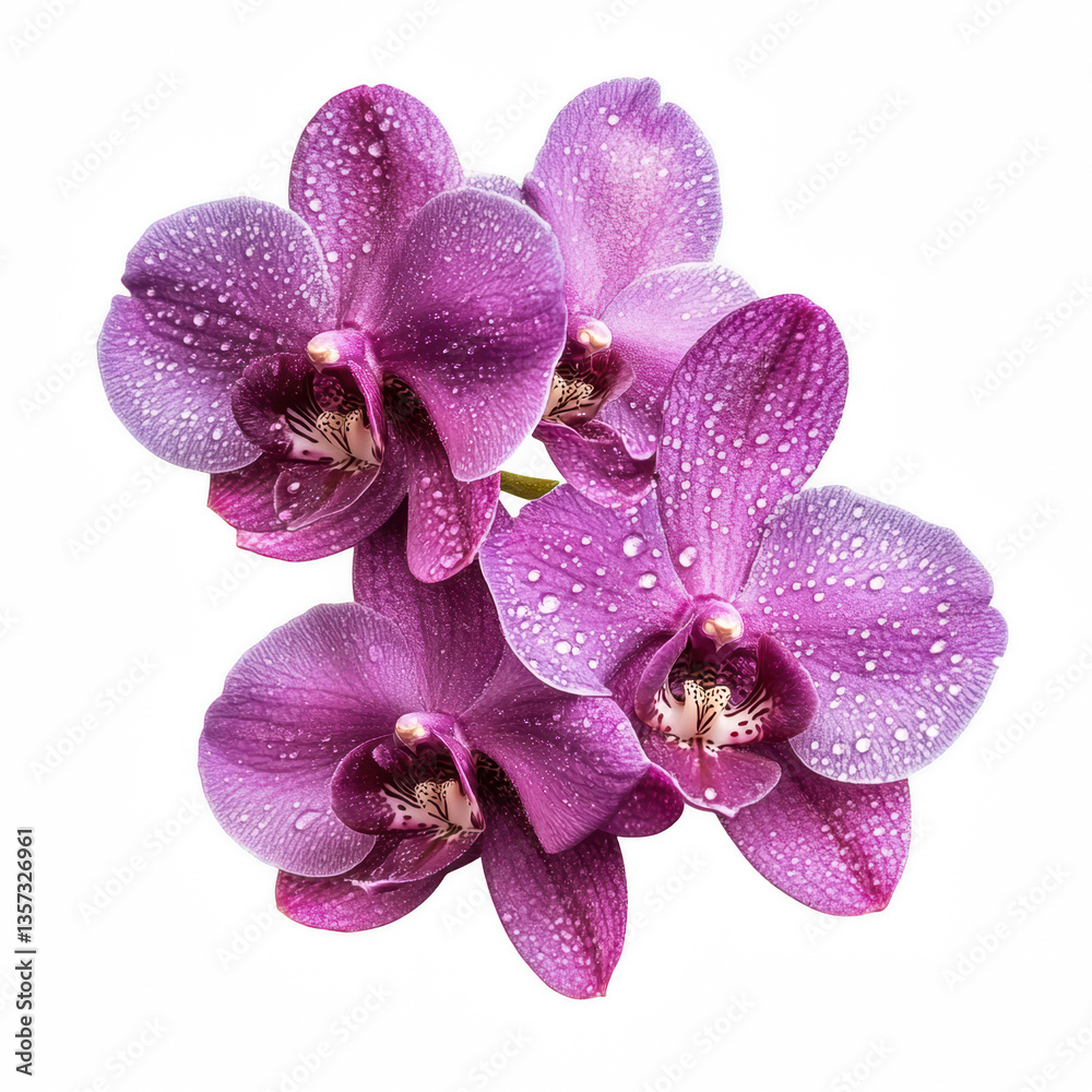 Obraz premium A cluster of vibrant purple orchids adorned with droplets of water, showcasing their intricate petals and natural beauty.