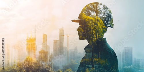 Engineer Silhouette with Urban and Nature Elements in Background