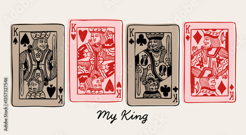 Kings of diamonds, clubs, hearts, spades. Playing Royal cards. Gambling, poker concept. Unique trendy style. Hand drawn modern Vector illustration. Poster, print, logo design templates