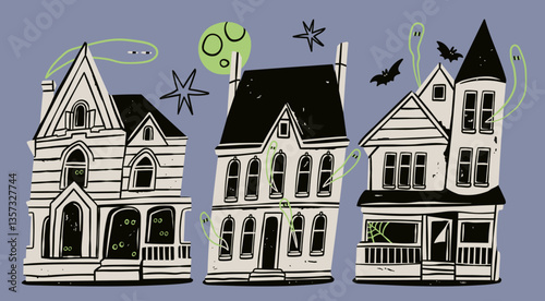 Haunted House set. Dark spooky buildings with staring eyes, flying bats, scary ghosts, cobweb. Hand drawn Vector illustration. Horror, creepy, abandoned mansion, Halloween concept. Isolated elements 