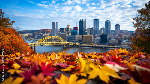 Autumn view of city skyline featuring river and bridge, surrounded by vibrant fall foliage. scene captures beauty of nature and urban life harmoniously