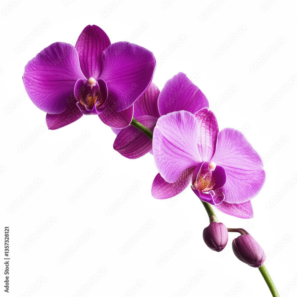 Fototapeta premium A vibrant purple orchid with delicate petals and a graceful stem, showcasing multiple blooms and buds in an elegant arrangement.