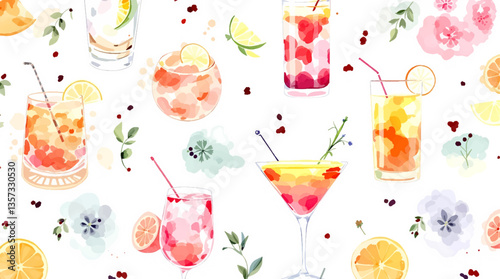 Watercolor tropical cocktails white background	