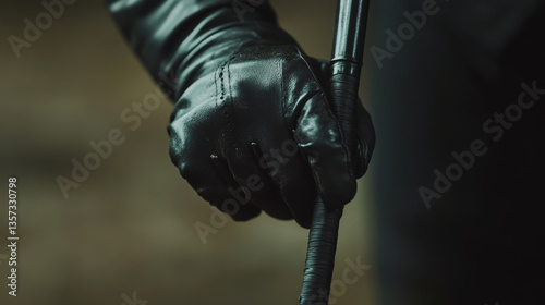 Rider’s Gloved Hands Holding Black Riding Crop, Space for Copy