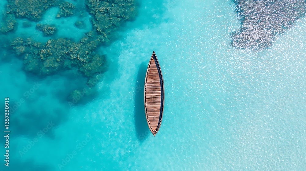 Obraz premium Wooden boat with turquoise water, and aerial view.