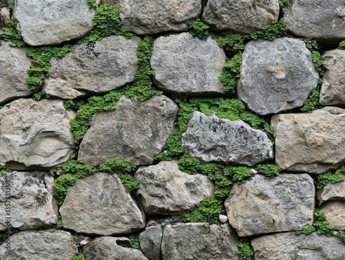Ancient stone wall texture with vibrant green moss growth providing a natural and organic background for design and architecture photography
