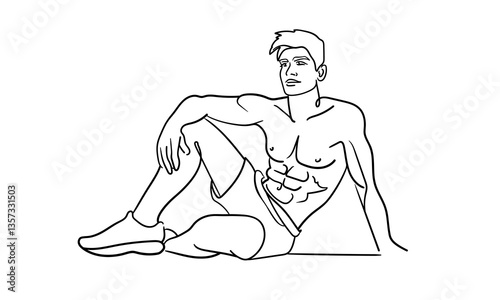 Sculpted pumped up body. Sport man narcissist, admires himself on white background. Sport guy model line art drawing. Vector illustration