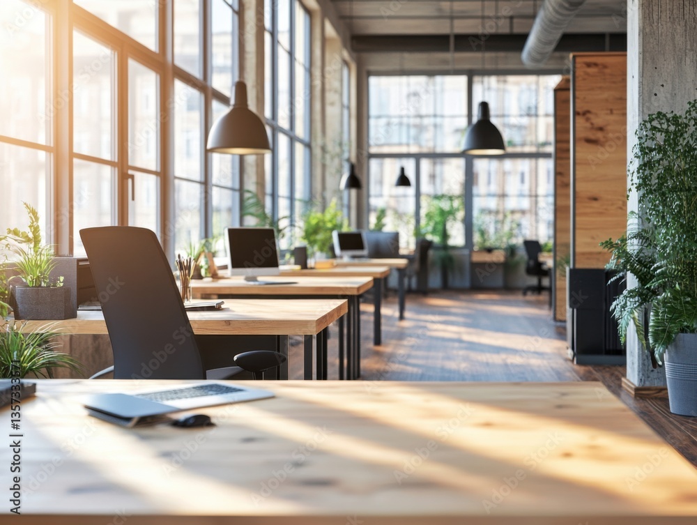 Fototapeta premium Modern office with wooden desks and minimalist design and overcast lighting