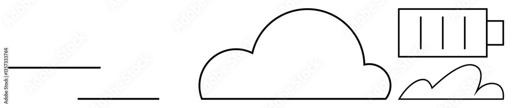 Cloud with battery and lines indicating speed or connection. Ideal for technology, energy storage, cloud computing, sustainability, data transfer, digital storage, renewable energy. Flat simple