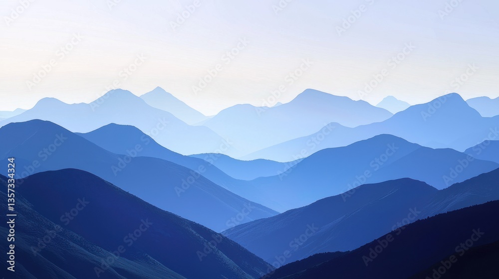 Fototapeta premium Serene Blue Mountain Range: A scenic landscape of layered mountains fading into the distance in shades of blue. Perfect for backgrounds.