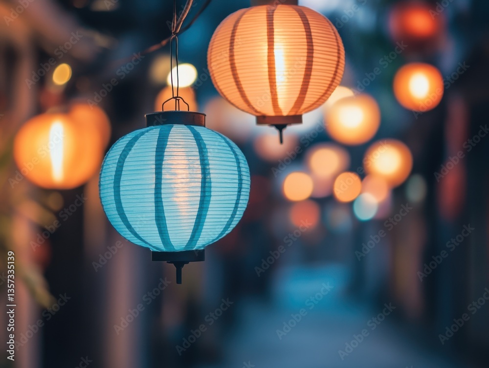 Obraz premium Paper lanterns in empty street symmetrical composition and soft ambient lighting with space for text above