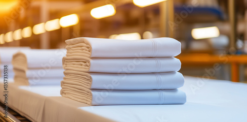 Freshly folded white tablecloths neatly stacked on production line, showcasing clean and organized workspace. warm lighting adds touch of warmth to scene, enhancing overall aesthetic