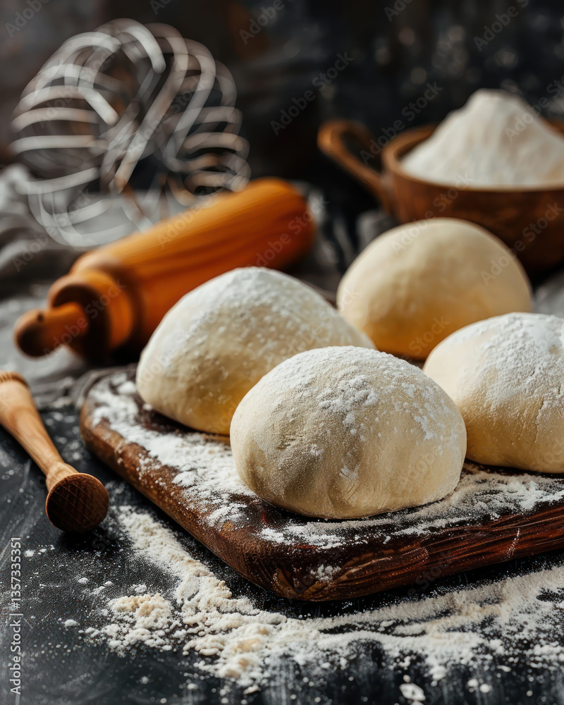 Fresh dough being rolled out on a floured surface, with baking tools in the background