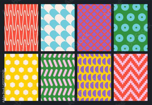 Set of simple colorful geometric backgrounds. Minimal posters in trendy style. Abstract modern design with simple shapes for print, card, cover, wallpaper, brochure, banner, social media, flyer