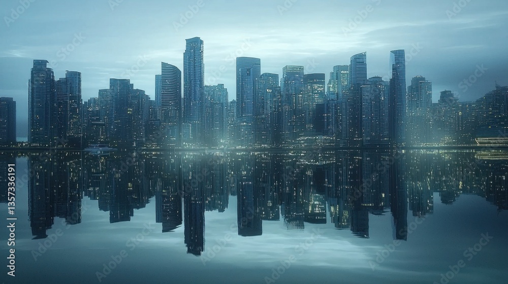 Fototapeta premium Urban landscape featuring the city skyline reflected in calm water, creating a mesmerizing mirror effect with an array of skyscrapers.