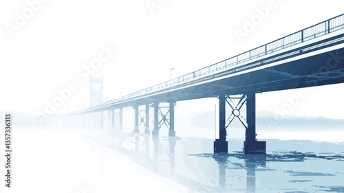 The image shows a long bridge extending from the foreground into the background, mostly obscured by a thick fog or mist. The bridge is a dark bluish-gray color, with visible structural supports and