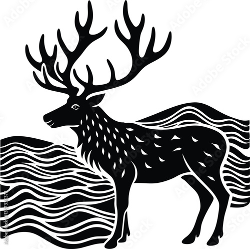 A wild deer vector silhouette illustration shows a stag with antlers, a beautiful mammal of nature