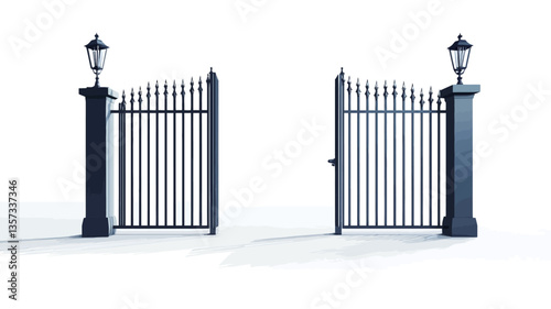 The image shows a 3D rendering of a pair of dark gray metal gates, one open and one closed.  The gates are positioned symmetrically on a white background. Each gate is flanked by a dark gray pillar