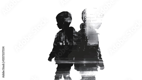 A black and white double exposure photograph depicting two children. The silhouettes of the children are partially transparent, with an underlying image faintly visible. The overall tone is dark