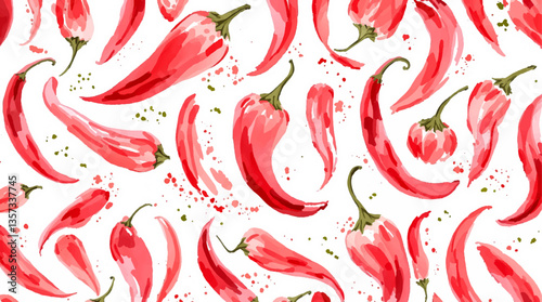 Watercolor pattern red pepper on white background	