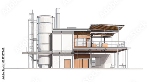 A digital 3D rendering of an architectural model showcasing a contemporary building. The model is presented in a cutaway view, revealing internal structures and details. The building exhibits a