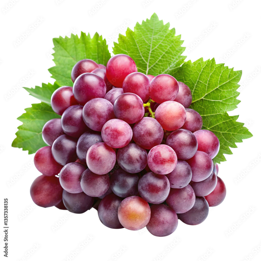 Fototapeta premium A Cluster of Fresh Red Grapes with Lush Green Leaves