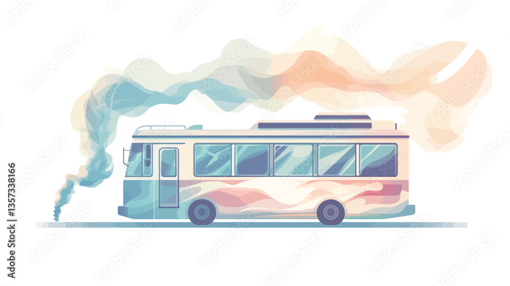 The image is a stylized illustration of a bus rendered in a watercolor or pastel-like style. The bus is depicted in soft, muted colors with a variegated, swirling pattern. A swirling, multicolored The image is a stylized illustration of a bus rendered in a watercolor or pastel-like style. The bus is depicted in soft, muted colors with a variegated, swirling pattern. A swirling, multicolored
