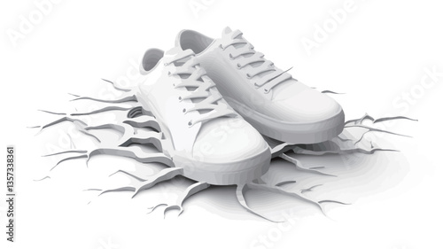 A digital rendering depicting a pair of simple white sneakers positioned on a surface of cracked, white ground. The image is monochrome, featuring varying shades of white to create texture and