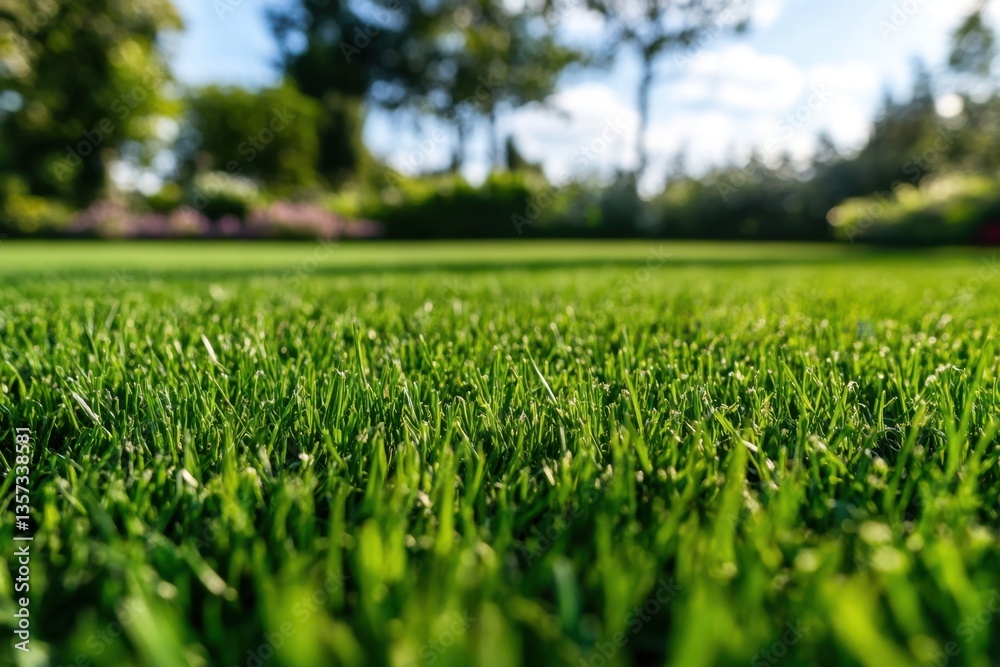 Fototapeta premium Lush green lawn close up with blurred trees and blue sky creating a serene and inviting outdoor scene perfect for spring or summer
