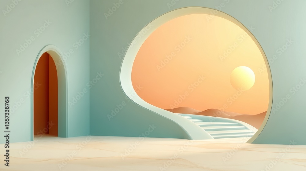 Serene Sunset Oasis Minimalist Architectural Render with Archway and Desert View