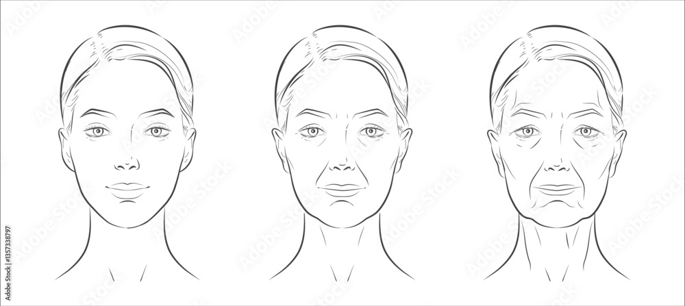 Woman’s face sketch, line vector drawing illustration, contrasting youth and age. Minimalist black-and-white design in realistic style, perfect for skincare ads, anti-aging campaigns, beauty concept Woman’s face sketch, line vector drawing illustration, contrasting youth and age. Minimalist black-and-white design in realistic style, perfect for skincare ads, anti-aging campaigns, beauty concept