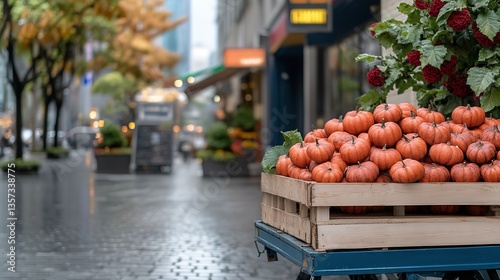 a pile of fresh pumpkin neatly stacked on a clean wooden cart at local fresh market , street stall 