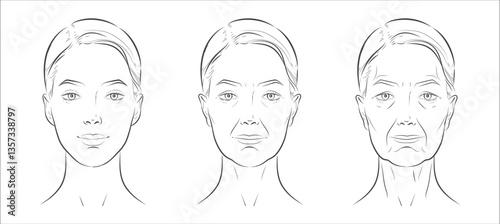 Woman’s face sketch, line vector drawing illustration, contrasting youth and age. Minimalist black-and-white design in realistic style, perfect for skincare ads, anti-aging campaigns, beauty concept