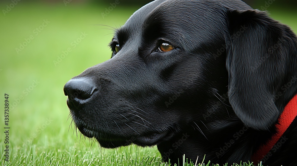 Close-up of a black Labrador Retriever lying in the grass. Close-up of a black Labrador Retriever lying in the grass.