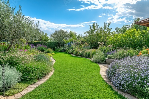 Fototapeta Naklejka Na Ścianę i Meble -  Serene garden path with vibrant green lawn and colorful flowers under a bright blue sky creating a peaceful and inviting outdoor scene