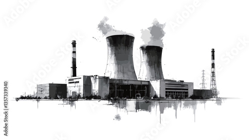 A grayscale illustration depicting a nuclear power plant.  The image features two prominent cooling towers with visible steam or smoke emanating from the tops. Several smaller buildings and