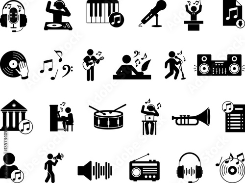 Black Music Icon Set. Vector Illustrations Note, Vinyl, Music Composer, Piano, DJ, Playlist, Headphones, Orchestra Conductor, Guitarist, Singing, Speaker, Microphone, and More